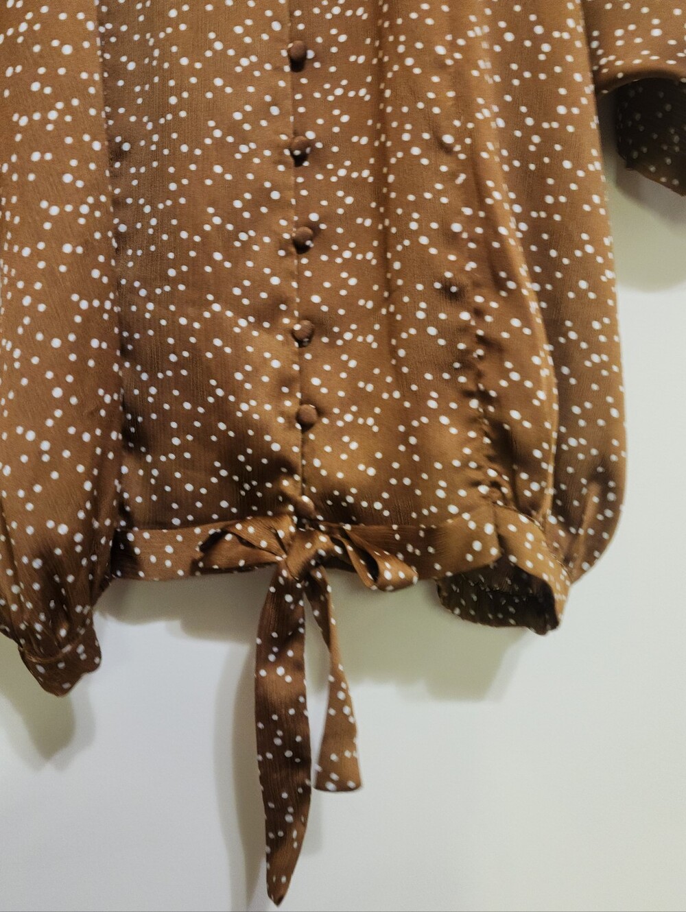 Puff Sleeve Top Women S Brown Polka Dot Bubble Print Satin Feel Oversided Easel - Picture 4 of 8